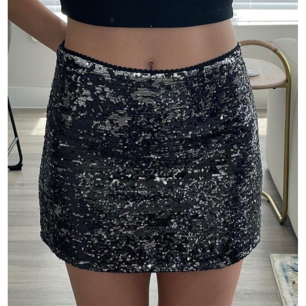 Intrepide Women Silver Sequin Mini Skort Black Party Skirt Size S Tweed Boucle